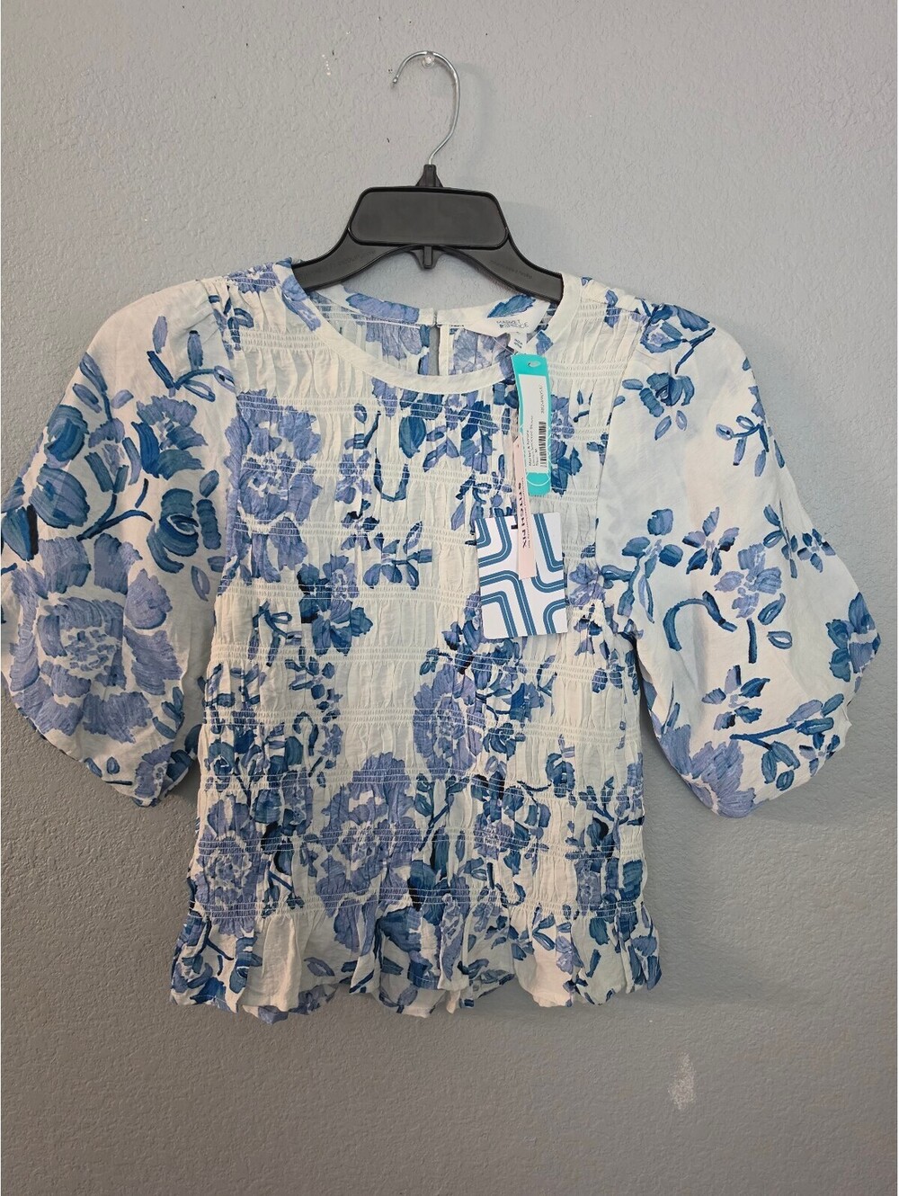 Market & Spruce Women's Blue Floral Puff Sleeve Blouse, Size M